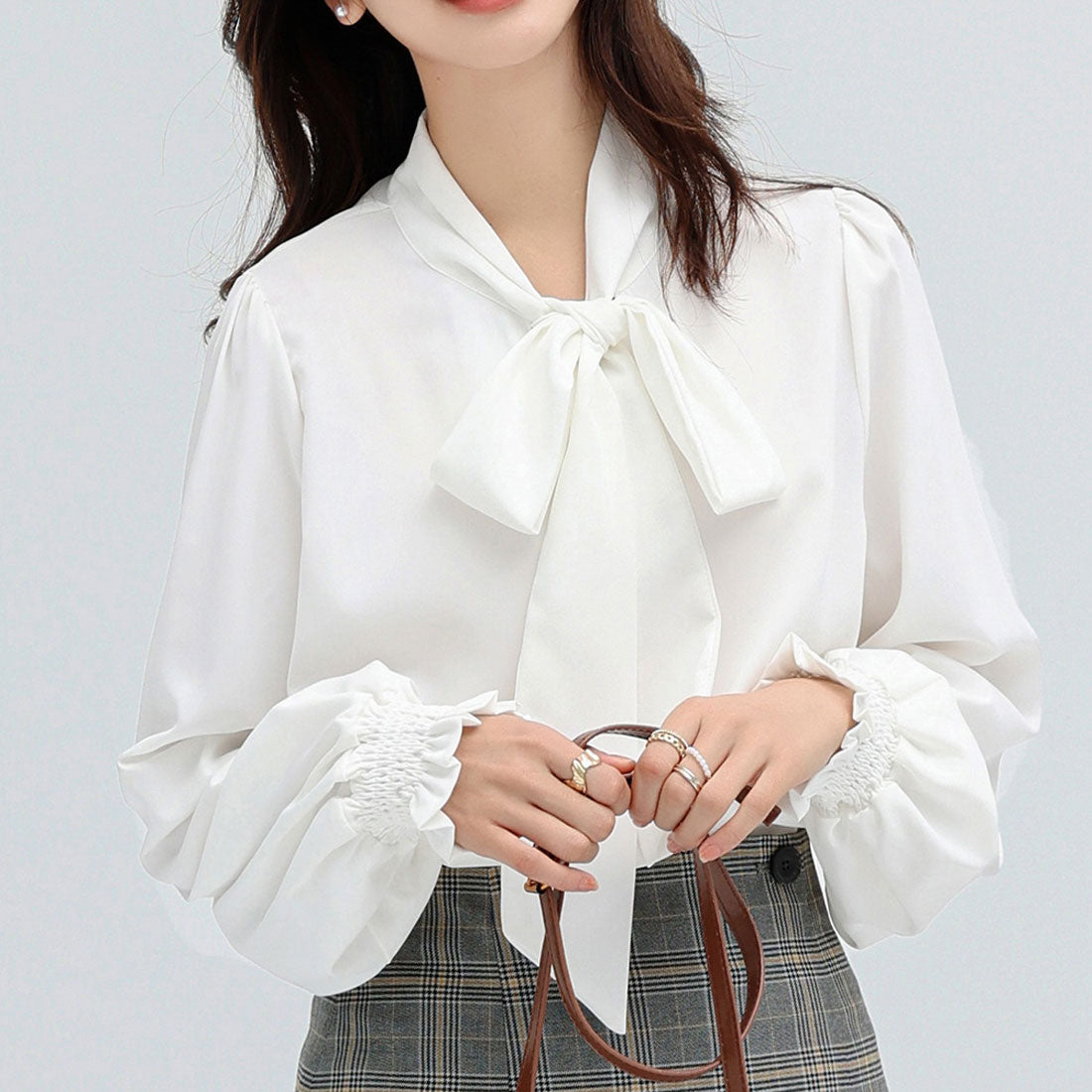 Dewlily Ribbon-Embellished Blouse for Women Teens 20s 30s Korean Fashion Spring Autumn Adult Casual Cute Stylish Business Long Sleeve