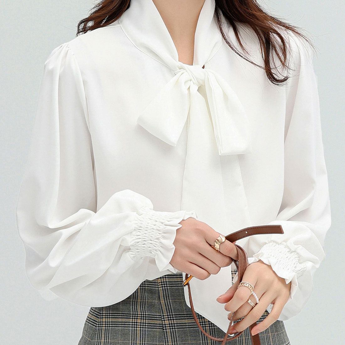 Dewlily Ribbon-Embellished Blouse for Women Teens 20s 30s Korean Fashion Spring Autumn Adult Casual Cute Stylish Business Long Sleeve