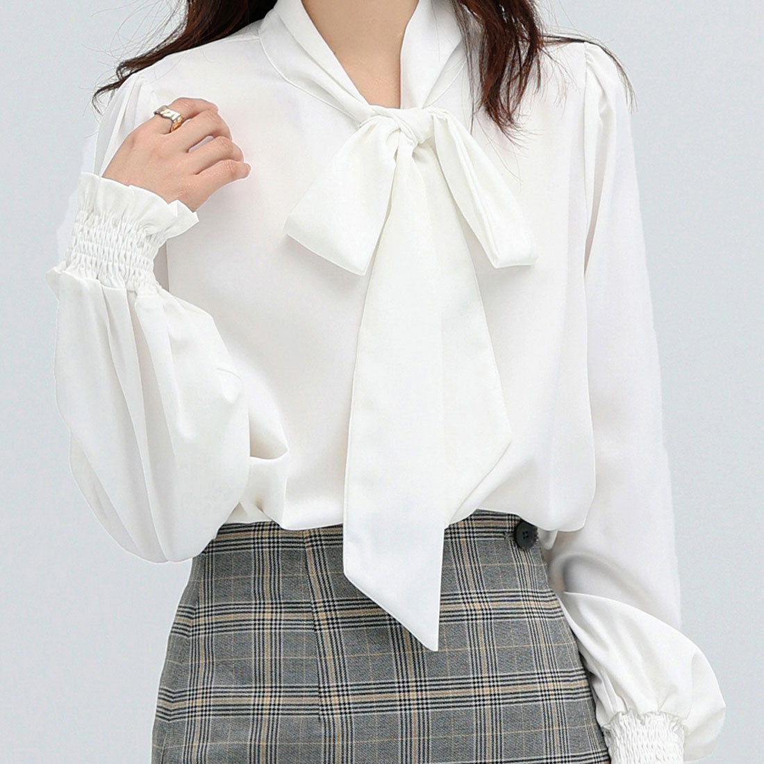 Dewlily Ribbon-Embellished Blouse for Women Teens 20s 30s Korean Fashion Spring Autumn Adult Casual Cute Stylish Business Long Sleeve