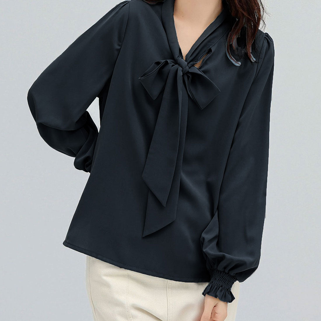 Dewlily Ribbon-Embellished Blouse for Women Teens 20s 30s Korean Fashion Spring Autumn Adult Casual Cute Stylish Business Long Sleeve