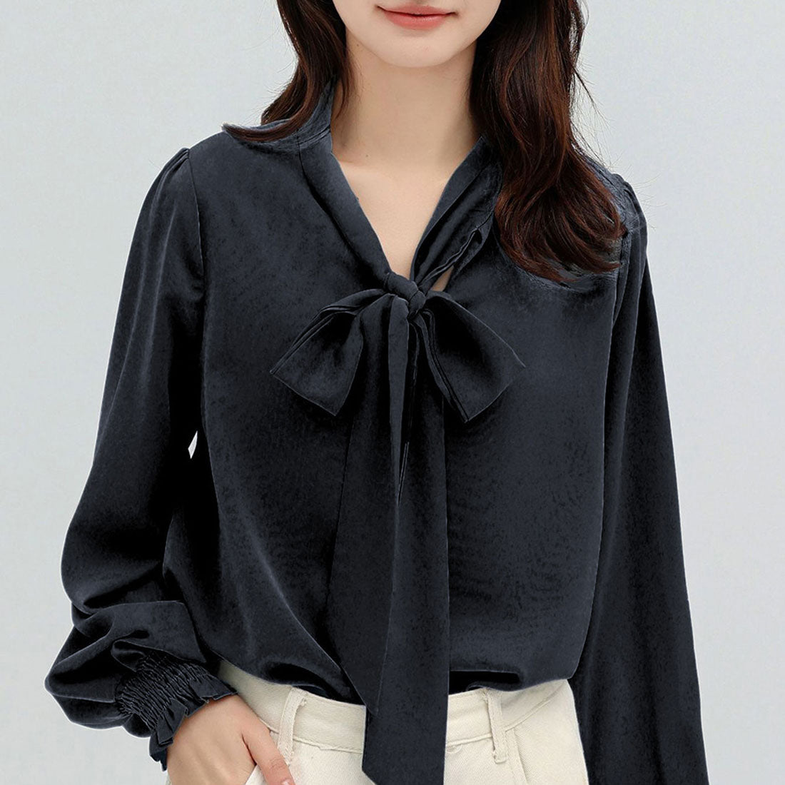 Dewlily Ribbon-Embellished Blouse for Women Teens 20s 30s Korean Fashion Spring Autumn Adult Casual Cute Stylish Business Long Sleeve