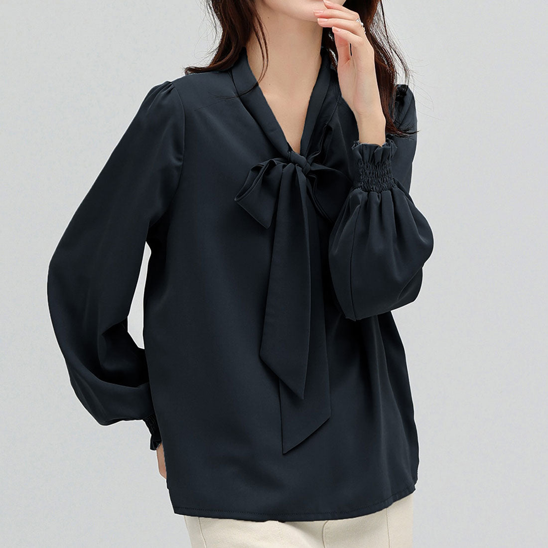 Dewlily Ribbon-Embellished Blouse for Women Teens 20s 30s Korean Fashion Spring Autumn Adult Casual Cute Stylish Business Long Sleeve