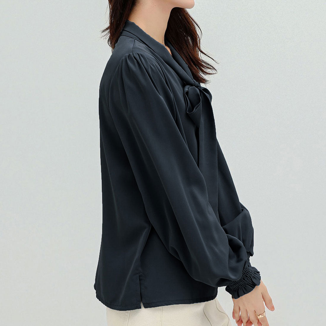 Dewlily Ribbon-Embellished Blouse for Women Teens 20s 30s Korean Fashion Spring Autumn Adult Casual Cute Stylish Business Long Sleeve