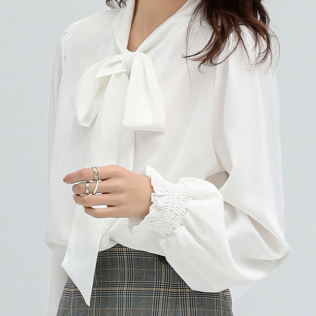 Dewlily Ribbon-Embellished Blouse for Women Teens 20s 30s Korean Fashion Spring Autumn Adult Casual Cute Stylish Business Long Sleeve