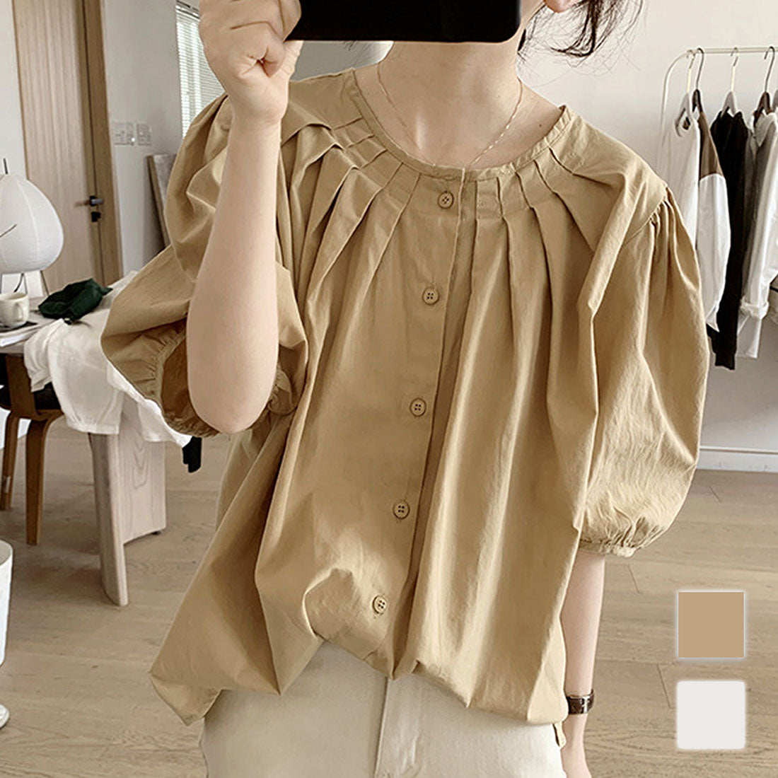 デューリリー Dewlily パフスリーブタックブラウス レディース 10代 20代 30代 韓国ファッション 春 夏 秋 大人 カジュアル 可愛い おしゃれ シンプル 無地