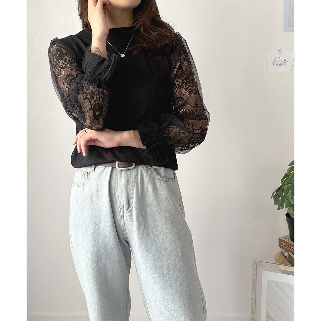 Dewlily Lace Sleeve Knit Women's Knit Long Sleeve Lace Stylish Elegant
