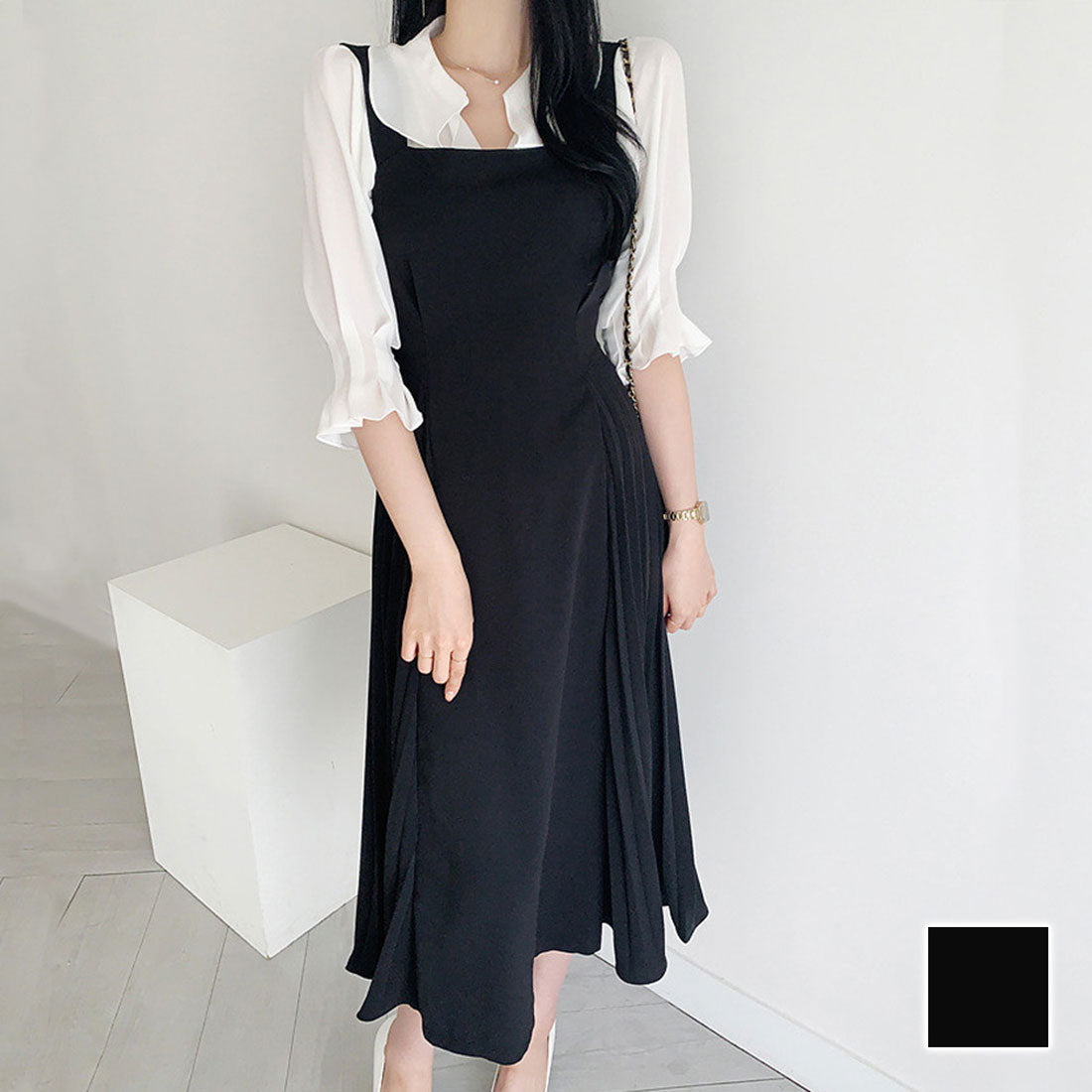 デューリリー Dewlily サロペットプリーツロングワンピース レディース 春服 無地 夏 秋 10代 20代 30代 韓国ファッション マーメイド 春ワンピ リボン オフィス ドレス ノースリ