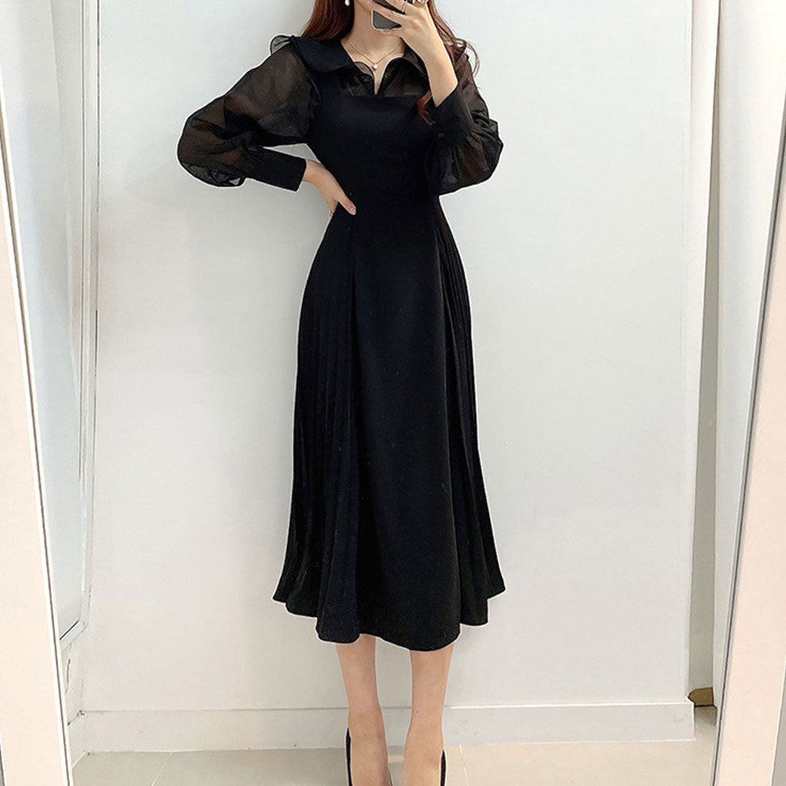 デューリリー Dewlily サロペットプリーツロングワンピース レディース 春服 無地 夏 秋 10代 20代 30代 韓国ファッション マーメイド 春ワンピ リボン オフィス ドレス ノースリ