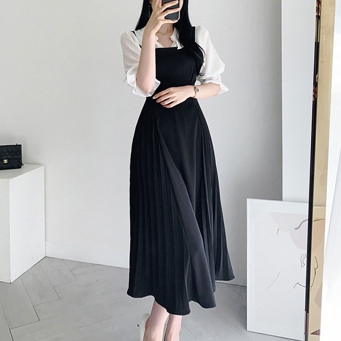 デューリリー Dewlily サロペットプリーツロングワンピース レディース 春服 無地 夏 秋 10代 20代 30代 韓国ファッション マーメイド 春ワンピ リボン オフィス ドレス ノースリ
