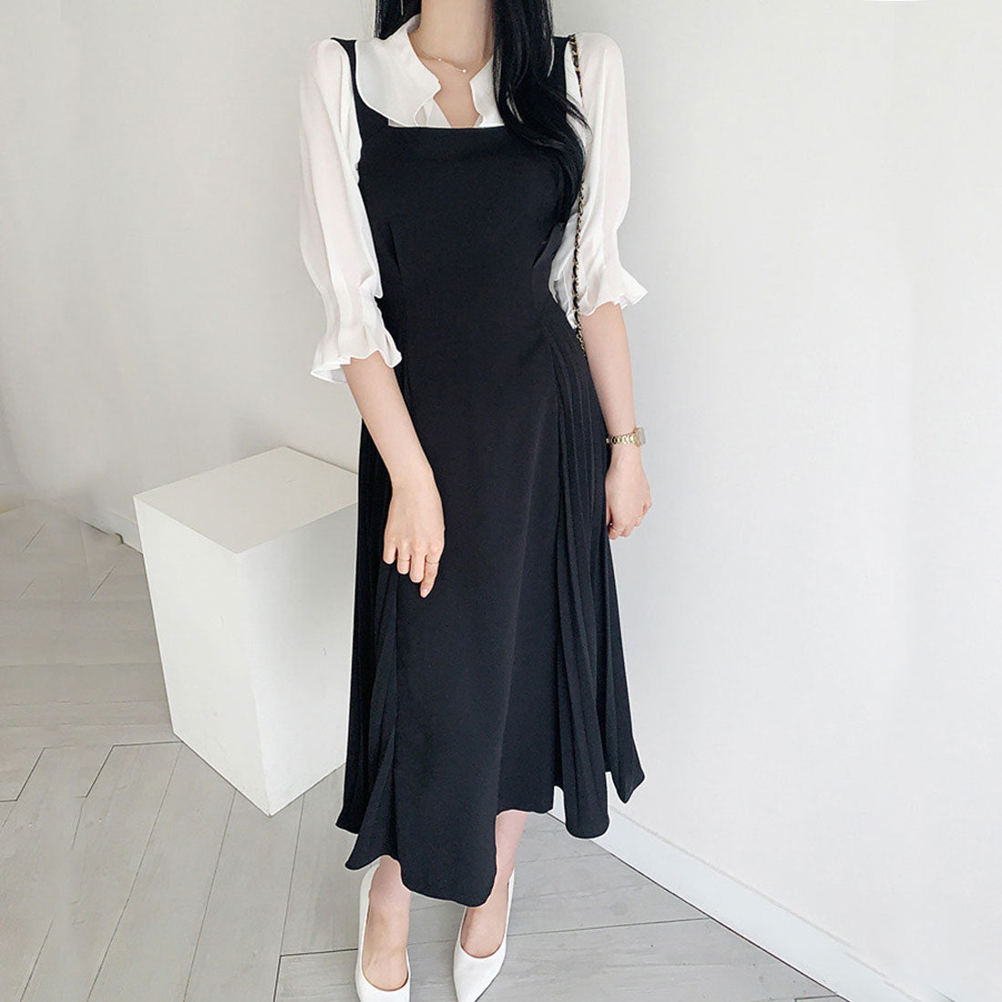 デューリリー Dewlily サロペットプリーツロングワンピース レディース 春服 無地 夏 秋 10代 20代 30代 韓国ファッション マーメイド 春ワンピ リボン オフィス ドレス ノースリ