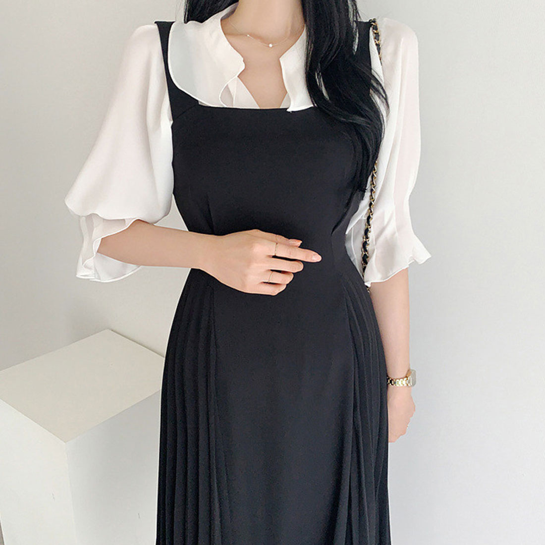 デューリリー Dewlily サロペットプリーツロングワンピース レディース 春服 無地 夏 秋 10代 20代 30代 韓国ファッション マーメイド 春ワンピ リボン オフィス ドレス ノースリ