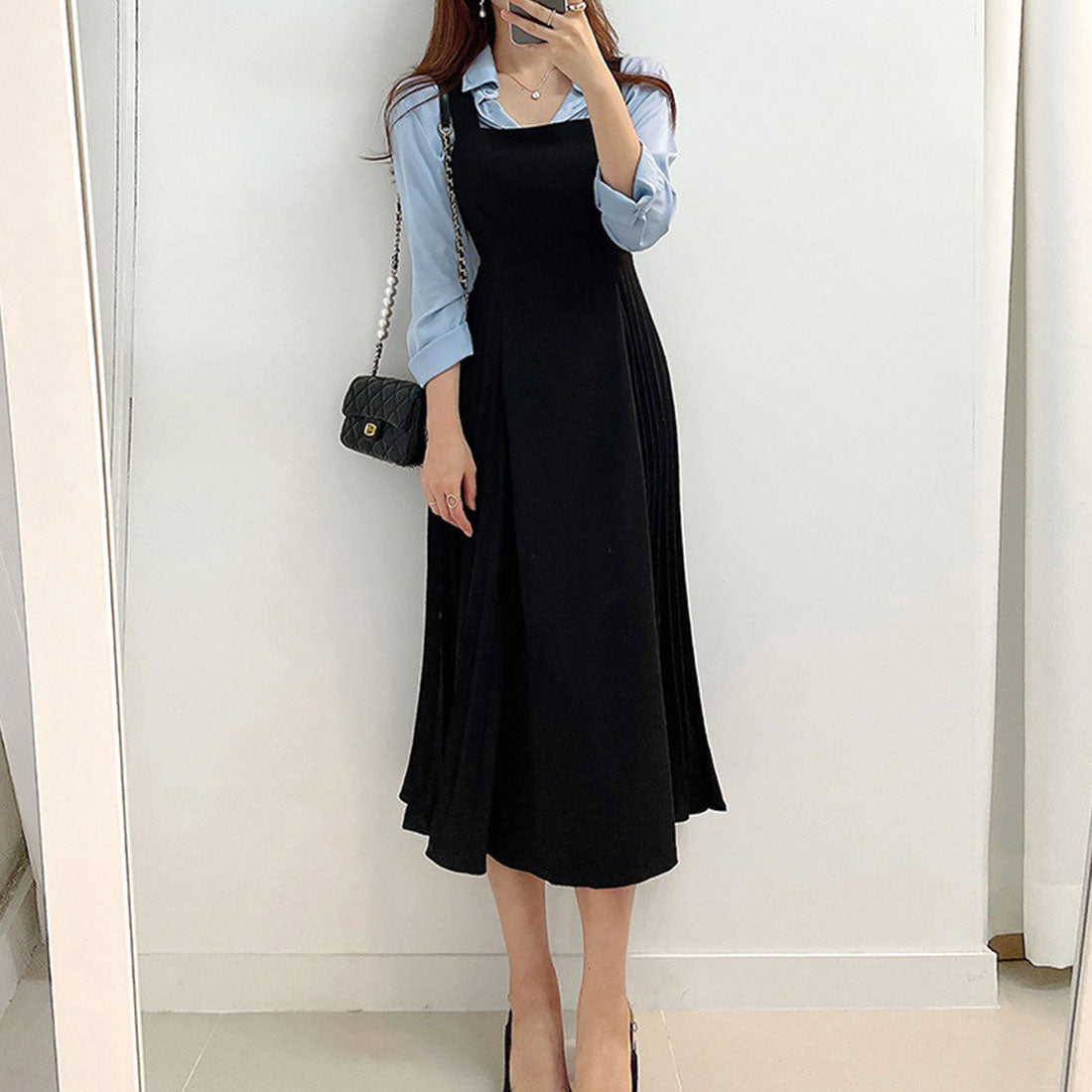 デューリリー Dewlily サロペットプリーツロングワンピース レディース 春服 無地 夏 秋 10代 20代 30代 韓国ファッション マーメイド 春ワンピ リボン オフィス ドレス ノースリ