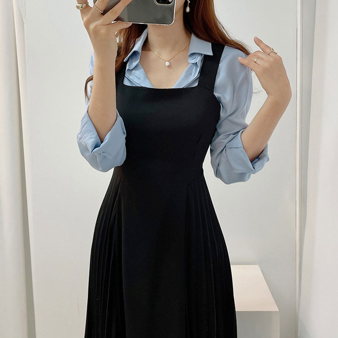 デューリリー Dewlily サロペットプリーツロングワンピース レディース 春服 無地 夏 秋 10代 20代 30代 韓国ファッション マーメイド 春ワンピ リボン オフィス ドレス ノースリ