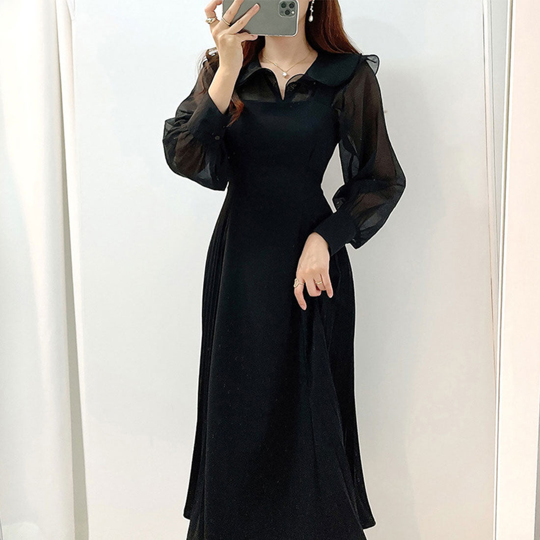デューリリー Dewlily サロペットプリーツロングワンピース レディース 春服 無地 夏 秋 10代 20代 30代 韓国ファッション マーメイド 春ワンピ リボン オフィス ドレス ノースリ
