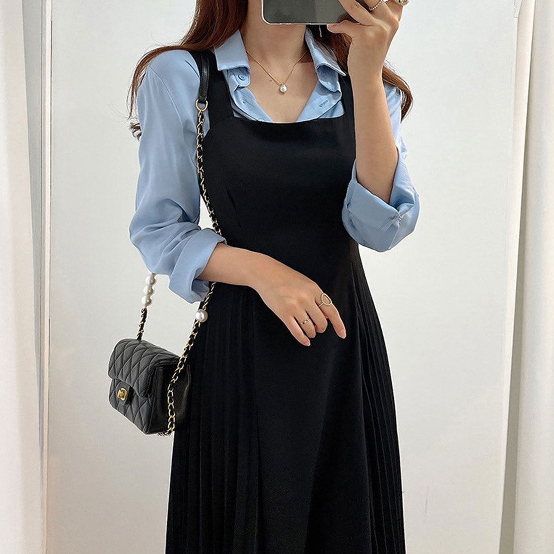 デューリリー Dewlily サロペットプリーツロングワンピース レディース 春服 無地 夏 秋 10代 20代 30代 韓国ファッション マーメイド 春ワンピ リボン オフィス ドレス ノースリ