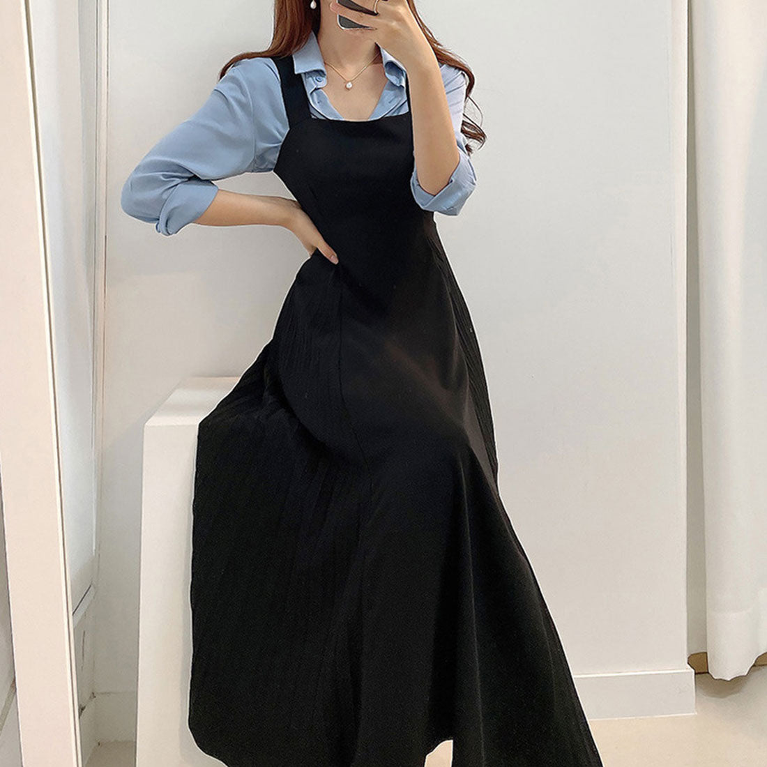 デューリリー Dewlily サロペットプリーツロングワンピース レディース 春服 無地 夏 秋 10代 20代 30代 韓国ファッション マーメイド 春ワンピ リボン オフィス ドレス ノースリ