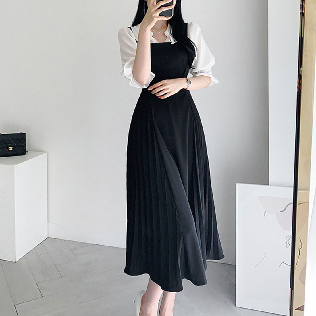 デューリリー Dewlily サロペットプリーツロングワンピース レディース 春服 無地 夏 秋 10代 20代 30代 韓国ファッション マーメイド 春ワンピ リボン オフィス ドレス ノースリ