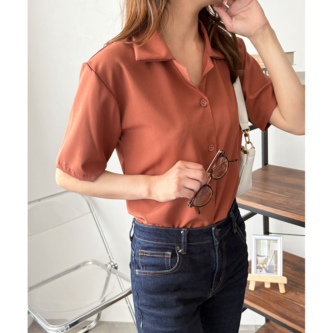 デューリリー Dewlily オープンカラー半袖シャツ レディース 韓国 春夏 シンプル カジュアル ブラウス 無地 おしゃれ 大人 かわいい お出かけ トップス 涼しげ らくちん （イエロー） イエロー