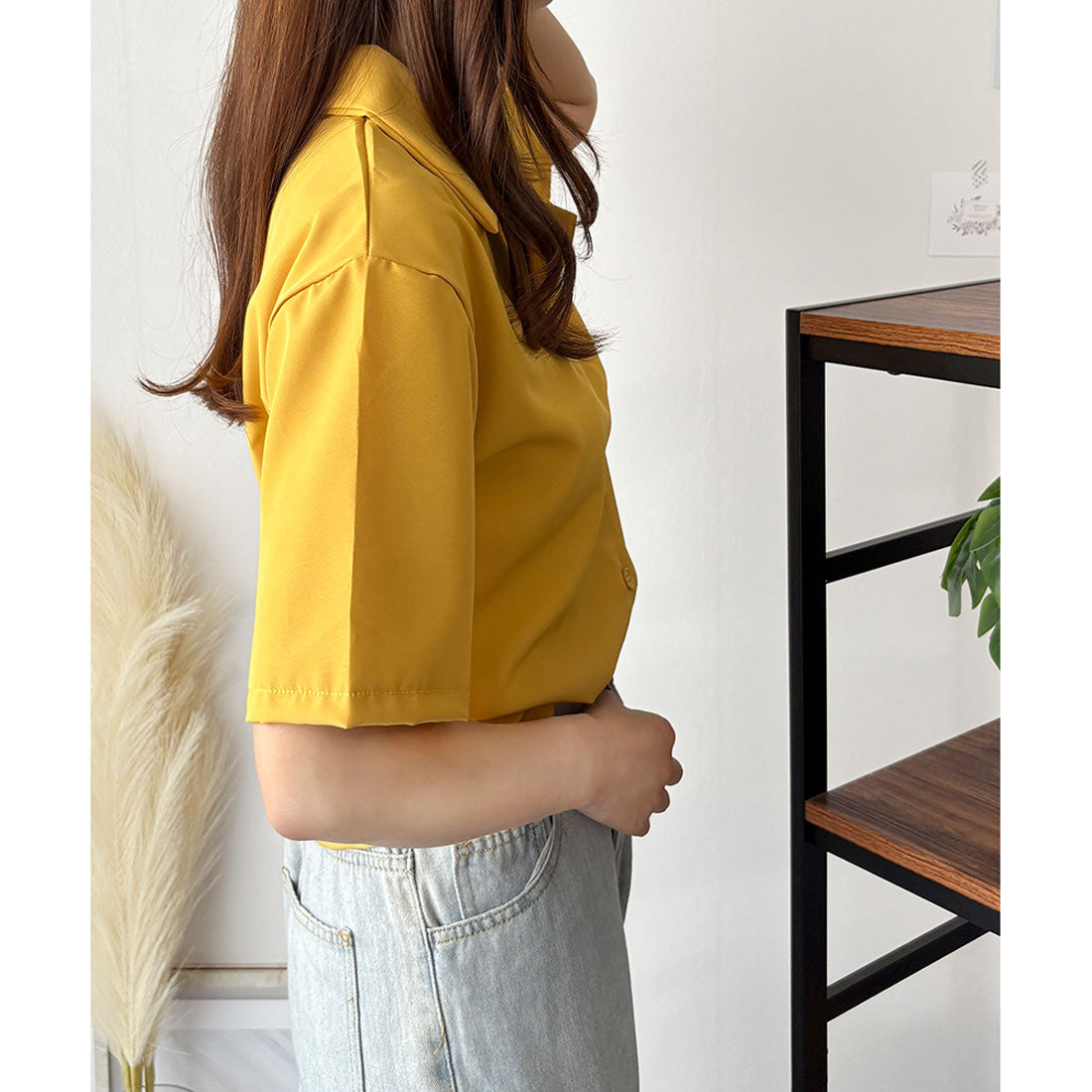 デューリリー Dewlily オープンカラー半袖シャツ レディース 韓国 春夏 シンプル カジュアル ブラウス 無地 おしゃれ 大人 かわいい お出かけ トップス 涼しげ らくちん （イエロー） イエロー