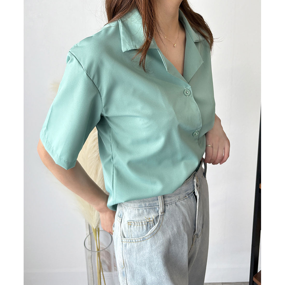 デューリリー Dewlily オープンカラー半袖シャツ レディース 韓国 春夏 シンプル カジュアル ブラウス 無地 おしゃれ 大人 かわいい お出かけ トップス 涼しげ らくちん （イエロー） イエロー