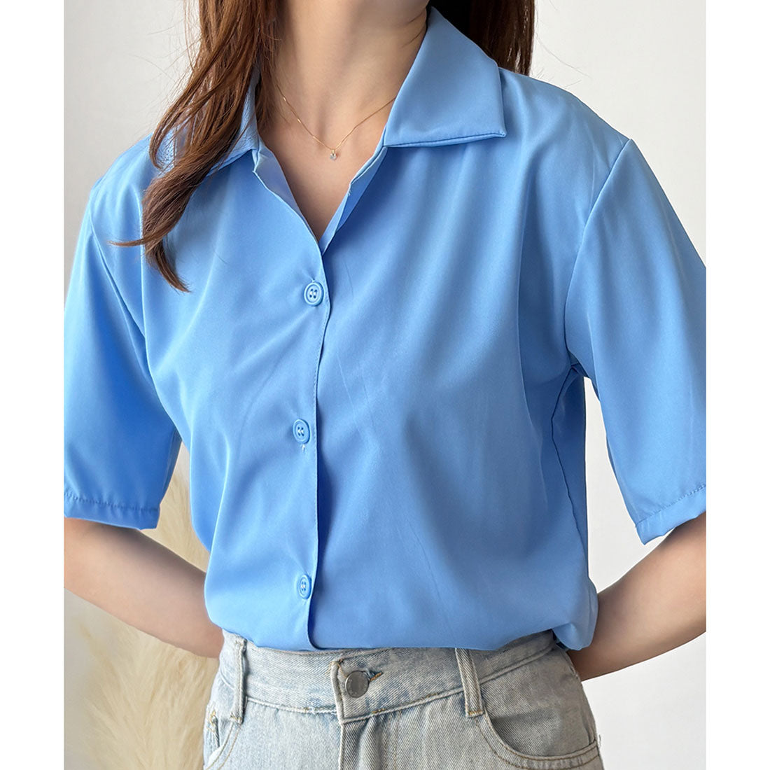 デューリリー Dewlily オープンカラー半袖シャツ レディース 韓国 春夏 シンプル カジュアル ブラウス 無地 おしゃれ 大人 かわいい お出かけ トップス 涼しげ らくちん （ブルー） ブルー