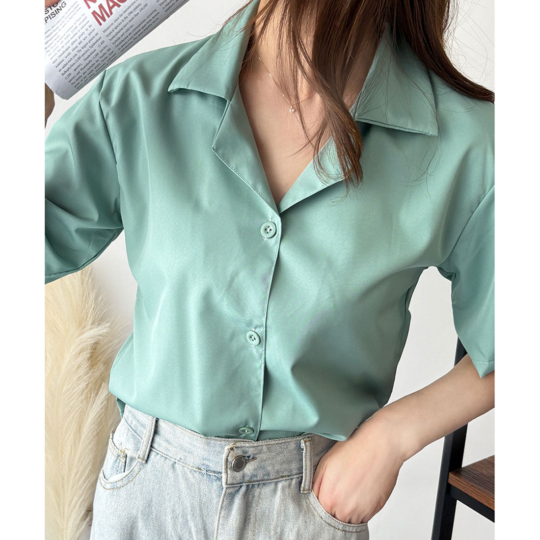 デューリリー Dewlily オープンカラー半袖シャツ レディース 韓国 春夏 シンプル カジュアル ブラウス 無地 おしゃれ 大人 かわいい お出かけ トップス 涼しげ らくちん （グリーン） グリーン