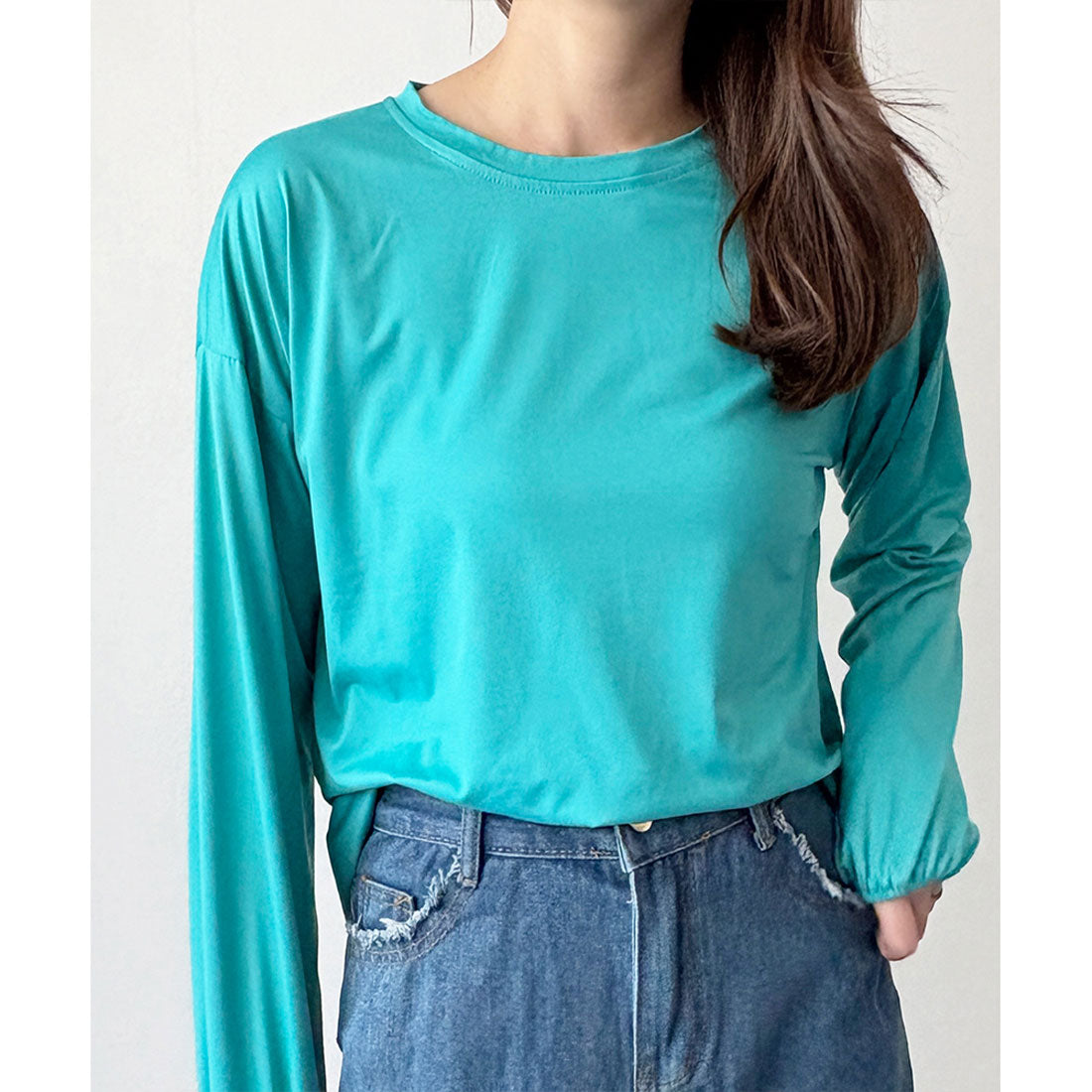 デューリリー Dewlily ボリューム袖カットソー レディース 韓国 カジュアル 長袖 ゆったり 無地 シンプル トップス 大人 リラックス 春 夏 秋 冬 着回し 普段着 （グリーン） グリーン