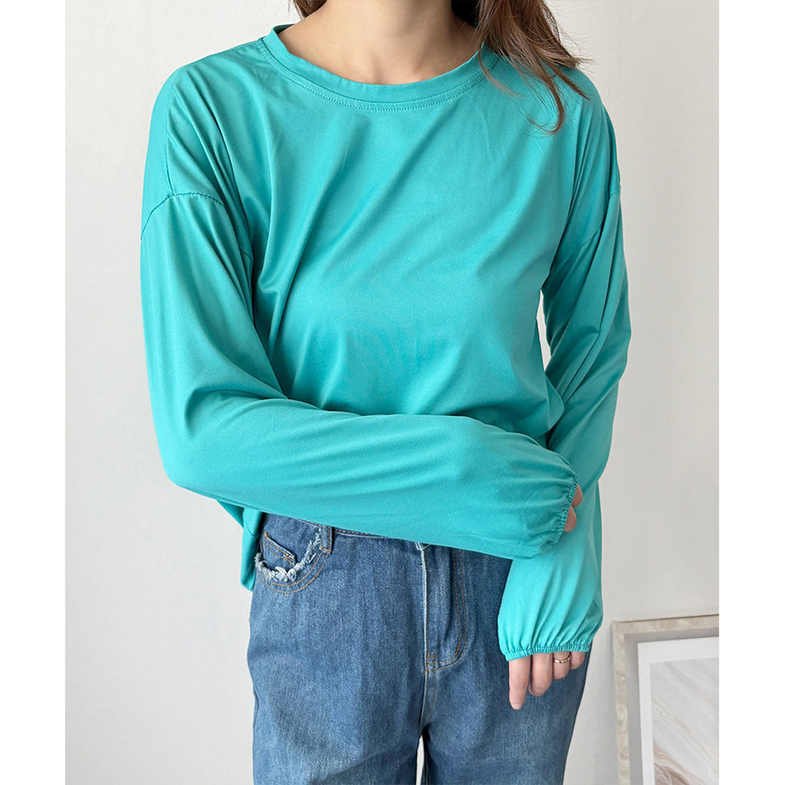 デューリリー Dewlily ボリューム袖カットソー レディース 韓国 カジュアル 長袖 ゆったり 無地 シンプル トップス 大人 リラックス 春 夏 秋 冬 着回し 普段着 （グリーン） グリーン