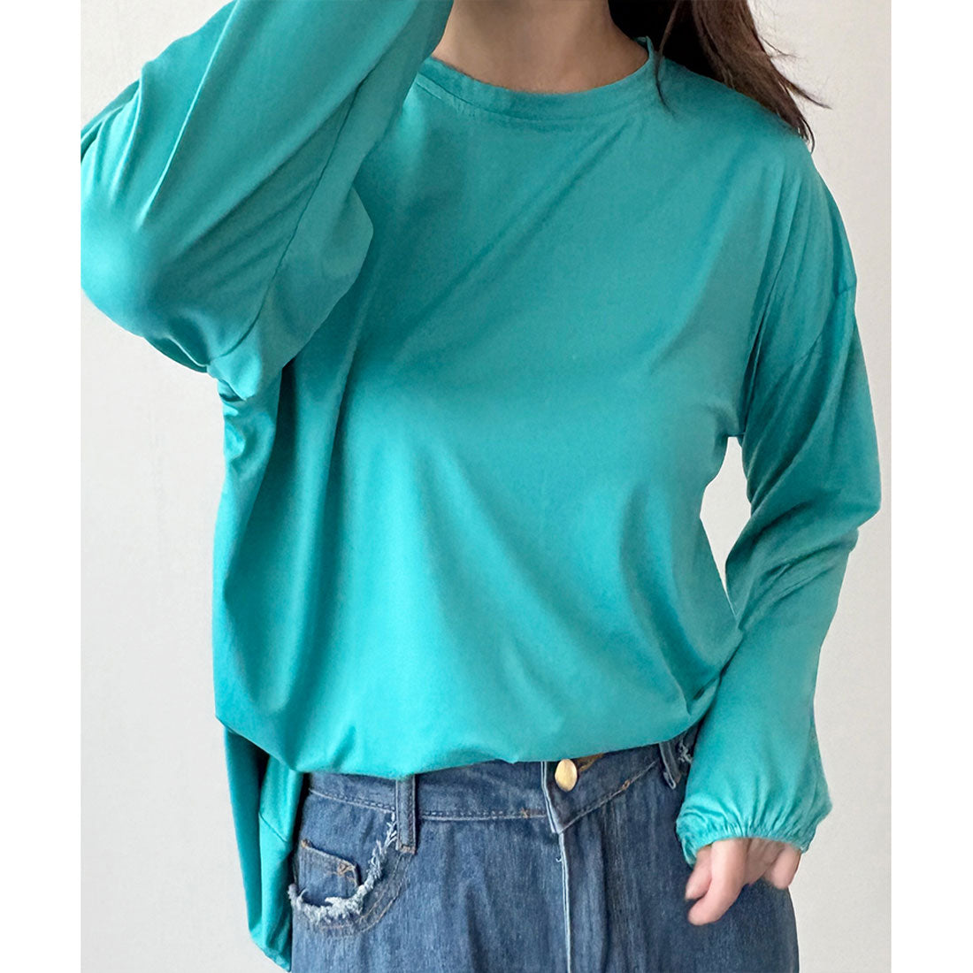 デューリリー Dewlily ボリューム袖カットソー レディース 韓国 カジュアル 長袖 ゆったり 無地 シンプル トップス 大人 リラックス 春 夏 秋 冬 着回し 普段着 （グリーン） グリーン