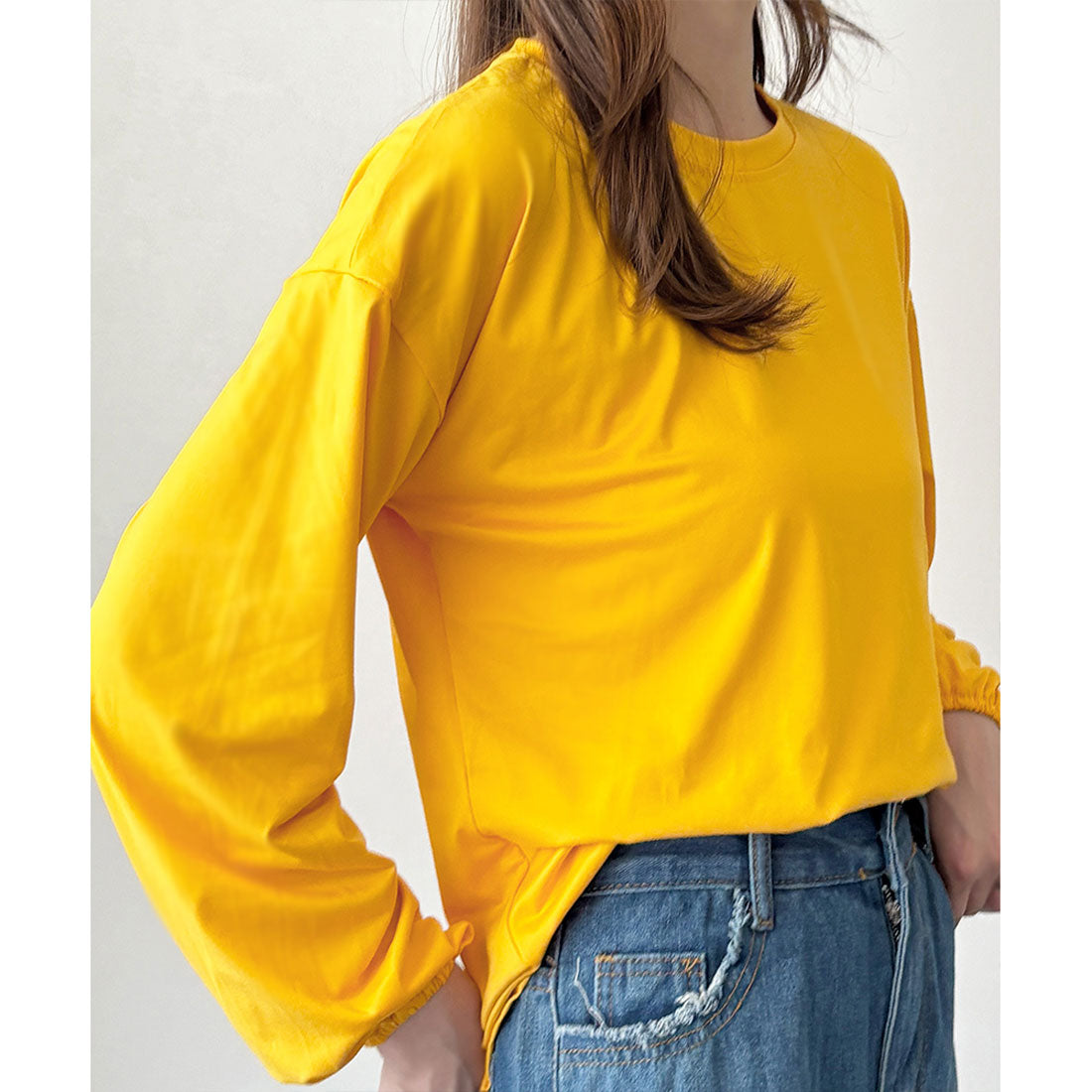 デューリリー Dewlily ボリューム袖カットソー レディース 韓国 カジュアル 長袖 ゆったり 無地 シンプル トップス 大人 リラックス 春 夏 秋 冬 着回し 普段着 （イエロー） イエロー