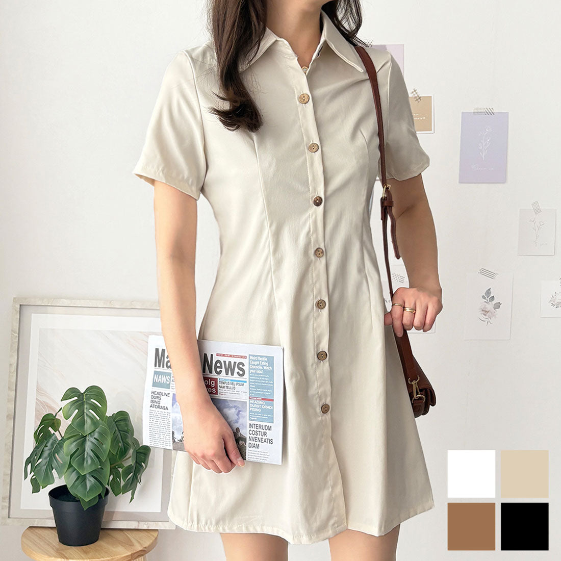 デューリリー Dewlily 半袖ミニシャツワンピース 夏トップス 半袖 シャツ ロング丈 韓国 ファッション レディース 春夏 体型カバー シンプル カジュアル オフィス （ブラウン） ブラウン