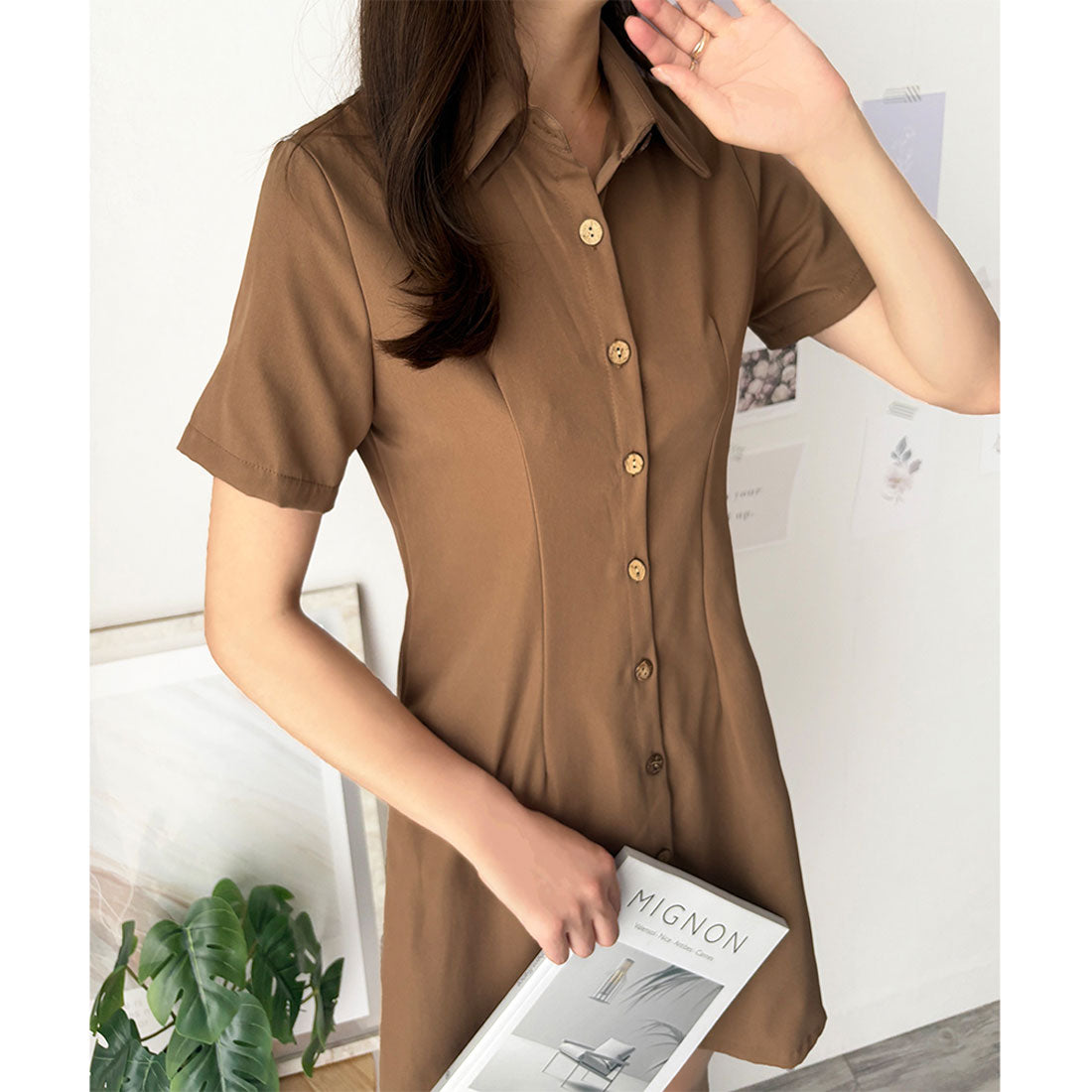 デューリリー Dewlily 半袖ミニシャツワンピース 夏トップス 半袖 シャツ ロング丈 韓国 ファッション レディース 春夏 体型カバー シンプル カジュアル オフィス （ブラウン） ブラウン