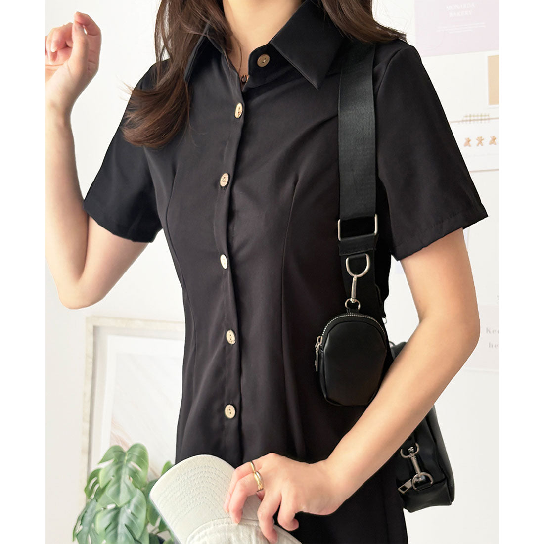 デューリリー Dewlily 半袖ミニシャツワンピース 夏トップス 半袖 シャツ ロング丈 韓国 ファッション レディース 春夏 体型カバー シンプル カジュアル オフィス （ブラウン） ブラウン