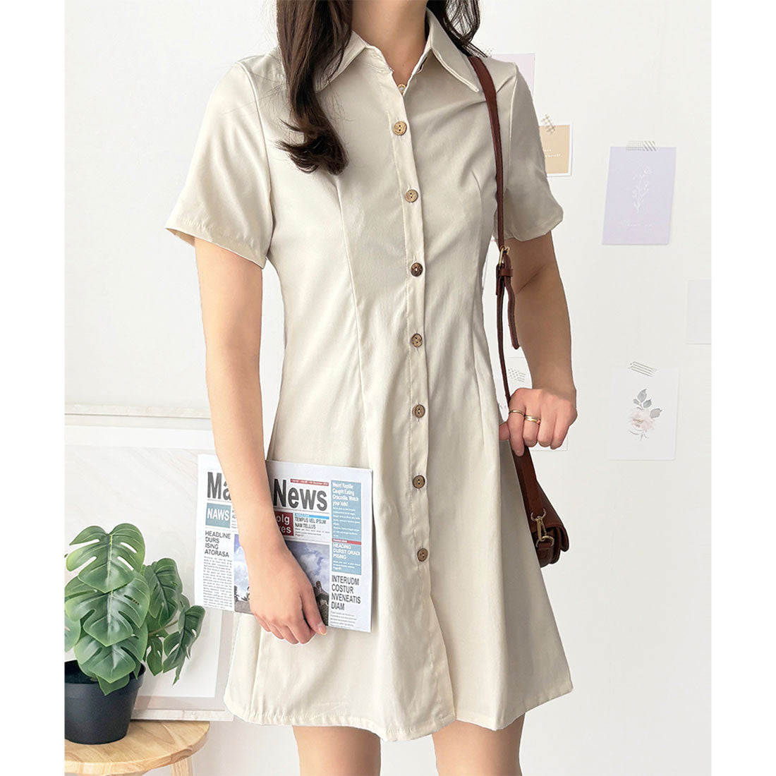 デューリリー Dewlily 半袖ミニシャツワンピース 夏トップス 半袖 シャツ ロング丈 韓国 ファッション レディース 春夏 体型カバー シンプル カジュアル オフィス （ブラウン） ブラウン
