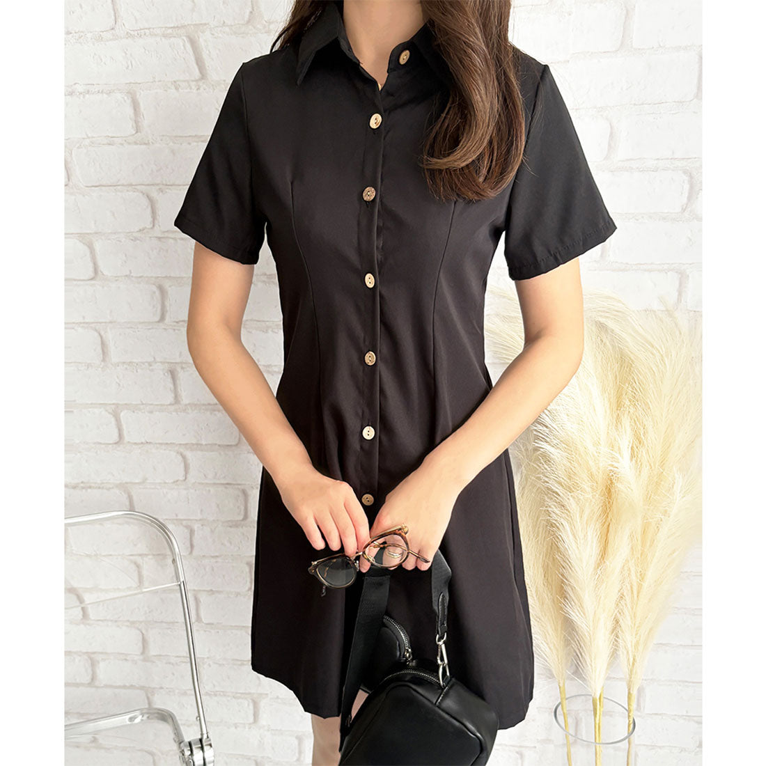 デューリリー Dewlily 半袖ミニシャツワンピース 夏トップス 半袖 シャツ ロング丈 韓国 ファッション レディース 春夏 体型カバー シンプル カジュアル オフィス （ブラウン） ブラウン