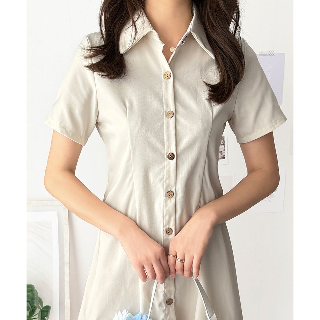 デューリリー Dewlily 半袖ミニシャツワンピース 夏トップス 半袖 シャツ ロング丈 韓国 ファッション レディース 春夏 体型カバー シンプル カジュアル オフィス （ブラウン） ブラウン