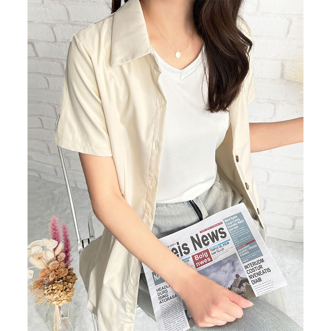デューリリー Dewlily 半袖ミニシャツワンピース 夏トップス 半袖 シャツ ロング丈 韓国 ファッション レディース 春夏 体型カバー シンプル カジュアル オフィス （ブラウン） ブラウン