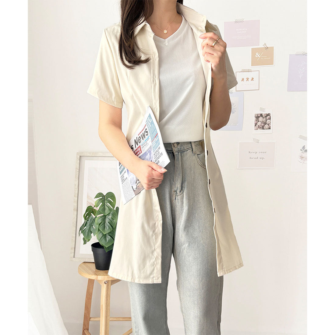 デューリリー Dewlily 半袖ミニシャツワンピース 夏トップス 半袖 シャツ ロング丈 韓国 ファッション レディース 春夏 体型カバー シンプル カジュアル オフィス （ブラウン） ブラウン