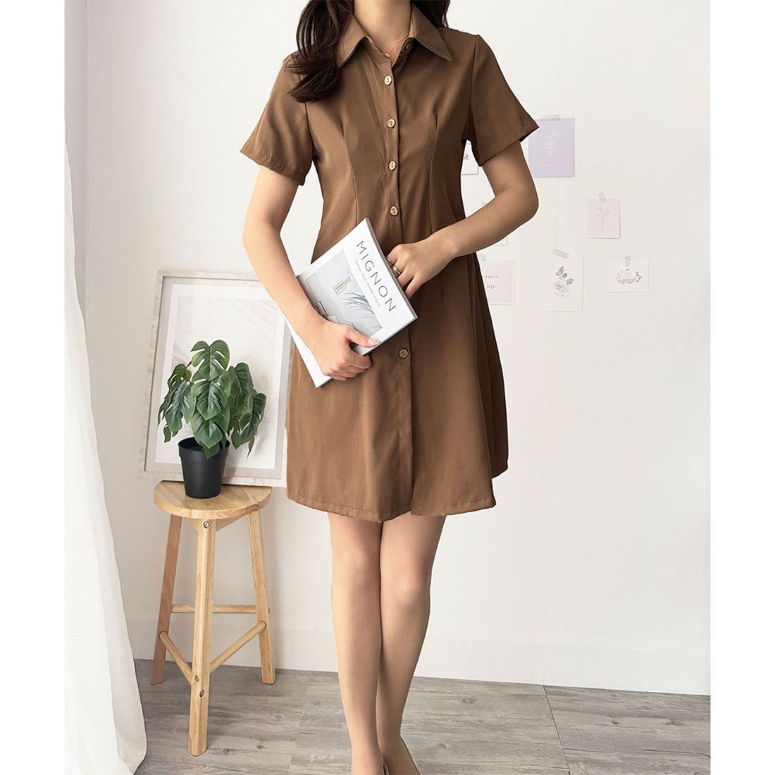デューリリー Dewlily 半袖ミニシャツワンピース 夏トップス 半袖 シャツ ロング丈 韓国 ファッション レディース 春夏 体型カバー シンプル カジュアル オフィス （ブラウン） ブラウン
