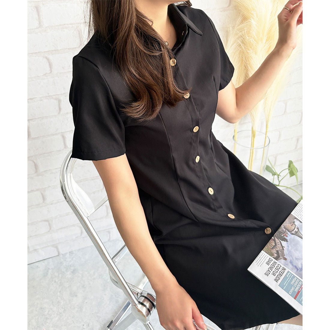 デューリリー Dewlily 半袖ミニシャツワンピース 夏トップス 半袖 シャツ ロング丈 韓国 ファッション レディース 春夏 体型カバー シンプル カジュアル オフィス （ブラウン） ブラウン