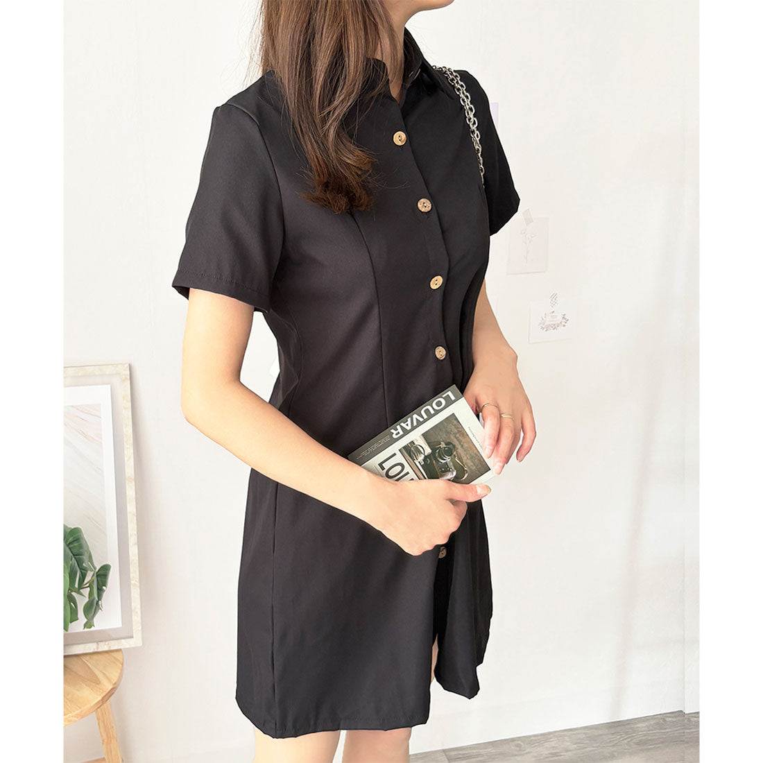 デューリリー Dewlily 半袖ミニシャツワンピース 夏トップス 半袖 シャツ ロング丈 韓国 ファッション レディース 春夏 体型カバー シンプル カジュアル オフィス （ブラウン） ブラウン