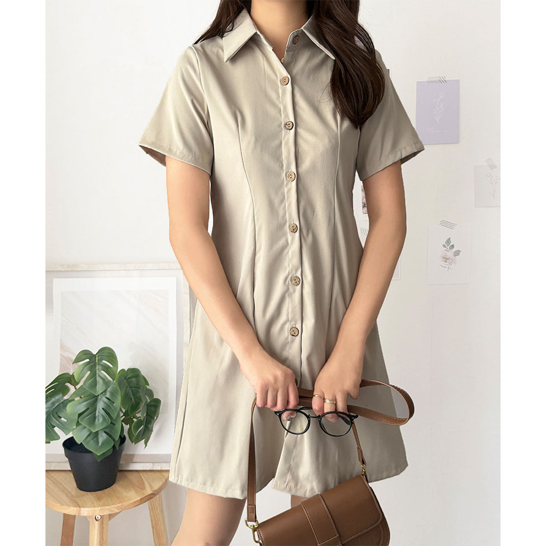 デューリリー Dewlily 半袖ミニシャツワンピース 夏トップス 半袖 シャツ ロング丈 韓国 ファッション レディース 春夏 体型カバー シンプル カジュアル オフィス （ベージュ） ベージュ