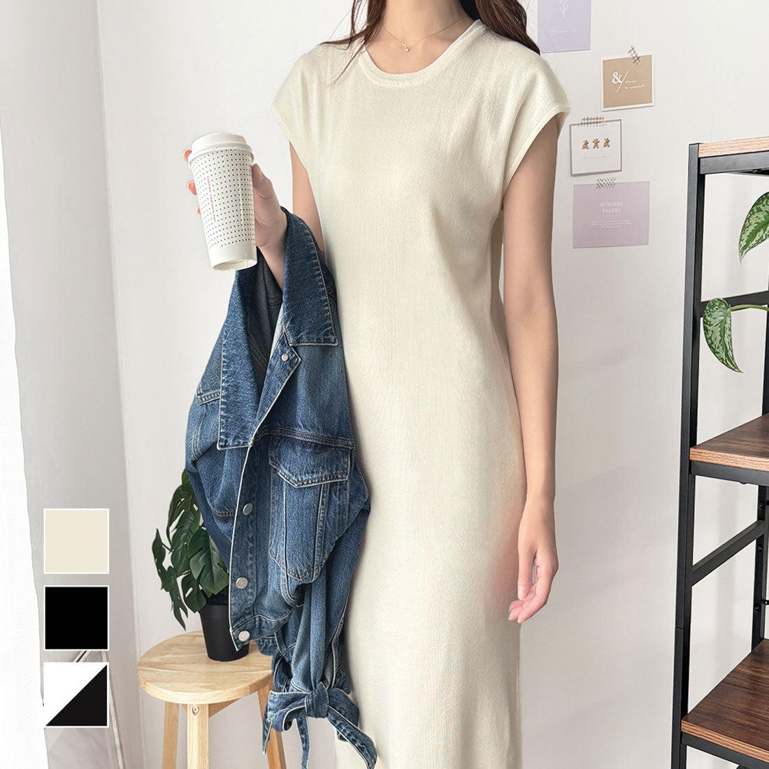 デューリリー Dewlily ニットストレートワンピース ワンピース ニット ロング丈 一枚コーデ 韓国 ファッション レディース 春夏 着回し 体型カバー 無地 シンプル （ホワイト×ブラック） ホワイト×ブラック