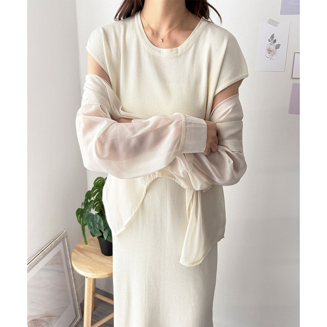 デューリリー Dewlily ニットストレートワンピース ワンピース ニット ロング丈 一枚コーデ 韓国 ファッション レディース 春夏 着回し 体型カバー 無地 シンプル （ホワイト×ブラック） ホワイト×ブラック
