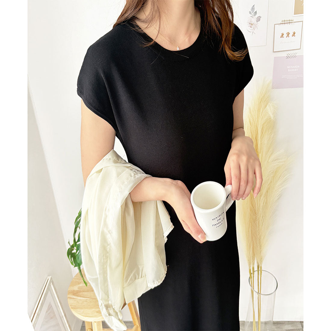 デューリリー Dewlily ニットストレートワンピース ワンピース ニット ロング丈 一枚コーデ 韓国 ファッション レディース 春夏 着回し 体型カバー 無地 シンプル （ホワイト×ブラック） ホワイト×ブラック