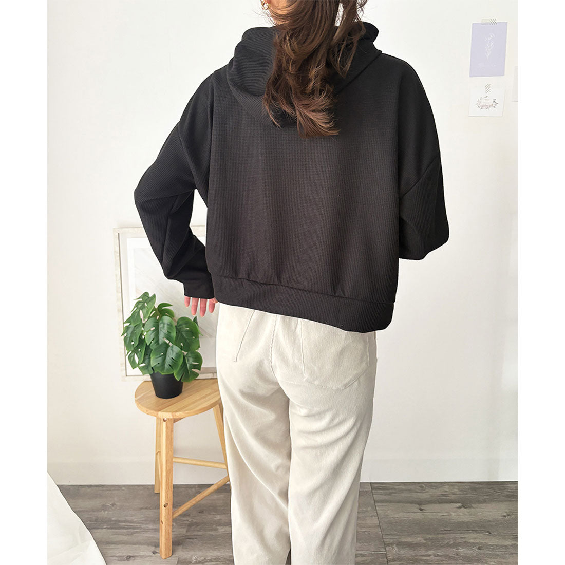 デューリリー Dewlily フード付きプルオーバー 韓国 ファッション レディース 春夏 着回し フーディー 長袖 ワッフル生地 軽量 季節感 体型カバー 通勤 カジュアル （ホワイト） ホワイト