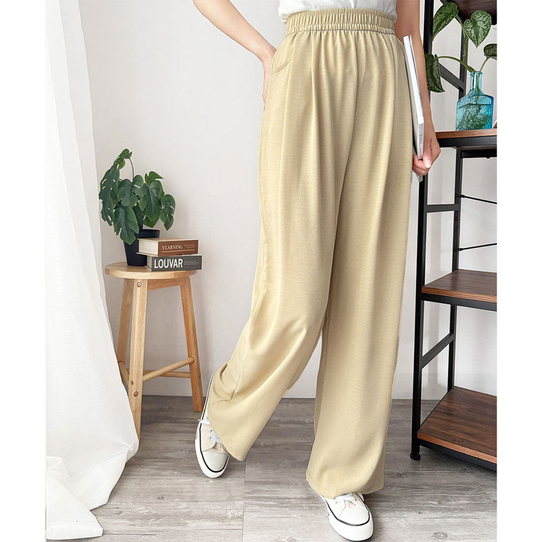 デューリリー Dewlily ワイドリラックスパンツ ワイド パンツ 体型カバー 韓国 ファッション レディース 春夏 ウエストゴム 通勤 旅行 カジュアル 部屋着 ルームウェア （イエロー） イエロー