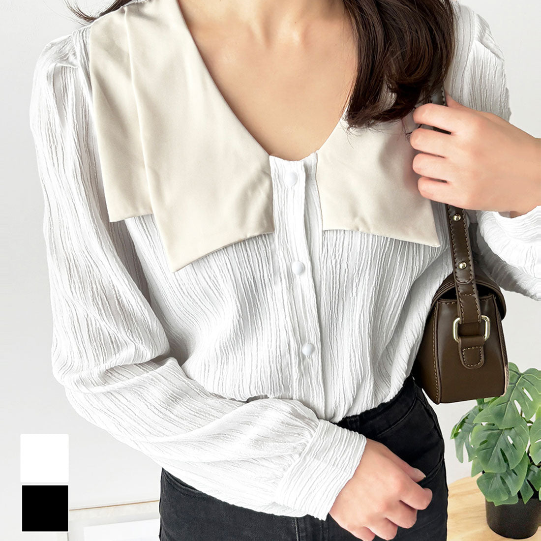 デューリリー Dewlily シワ加工セーラーカラーブラウス ブラウス 軽やか きれいめ 韓国 ファッション レディース 春夏秋 着回し 涼感 体型カバー 通勤 カジュアル 黒 （ブラック） ブラック