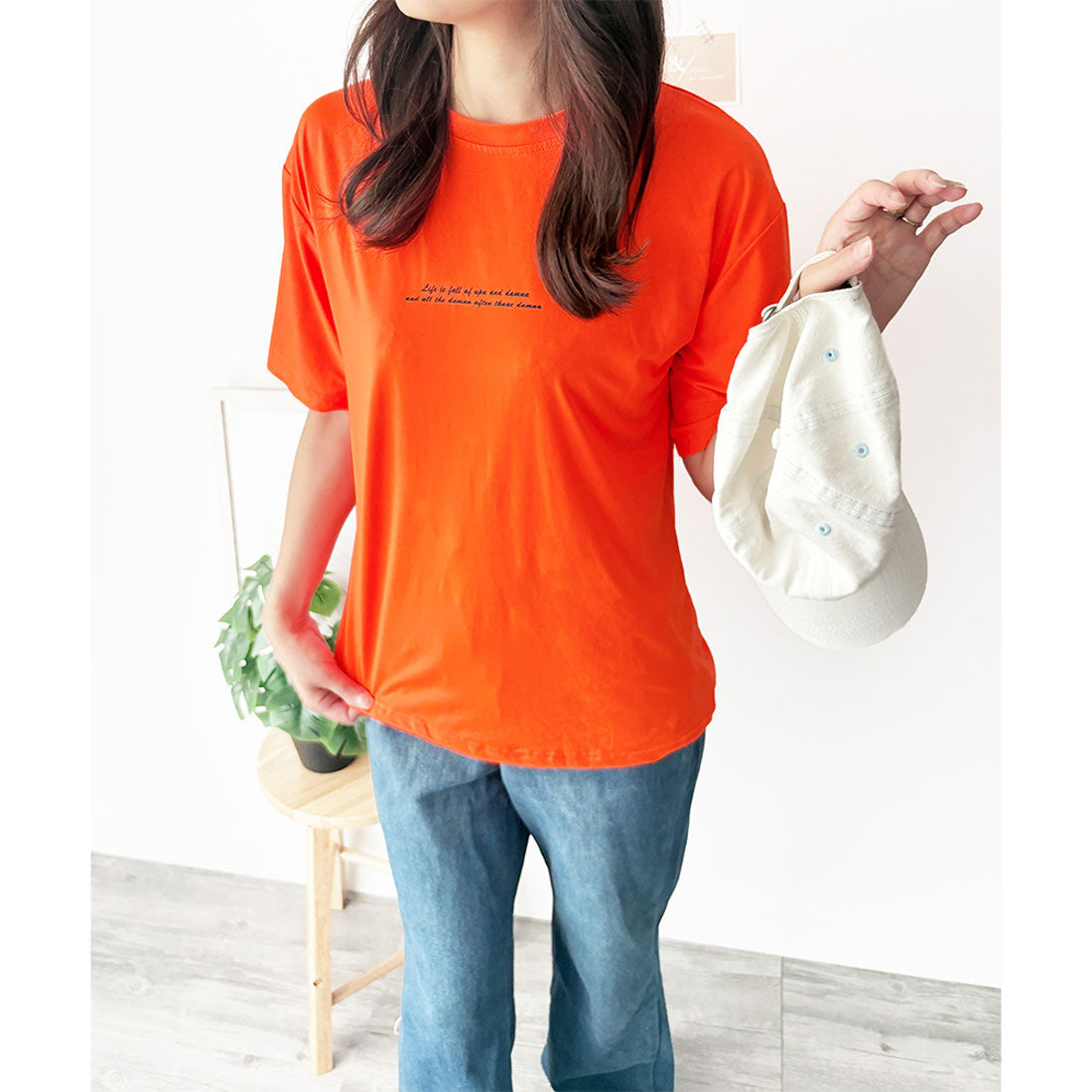 デューリリー Dewlily フロントロゴ半袖Tシャツ 夏トップス 半袖 デイリー ラフ シャツ Tシャツ カジュアル 韓国 ファッション レディース 春夏 着回し 体型カバー （オレンジ） オレンジ