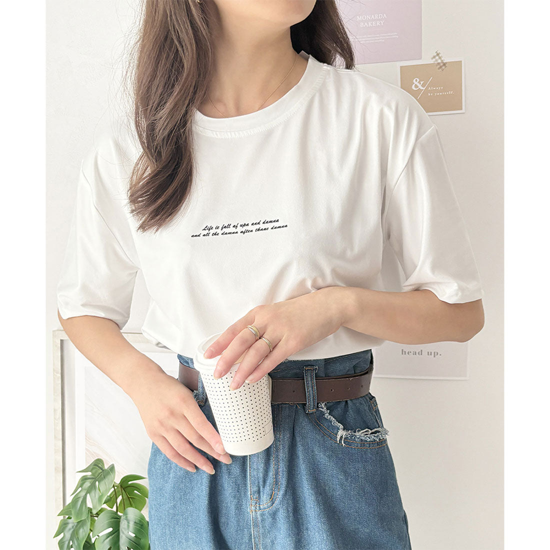 デューリリー Dewlily フロントロゴ半袖Tシャツ 夏トップス 半袖 デイリー ラフ シャツ Tシャツ カジュアル 韓国 ファッション レディース 春夏 着回し 体型カバー （オレンジ） オレンジ